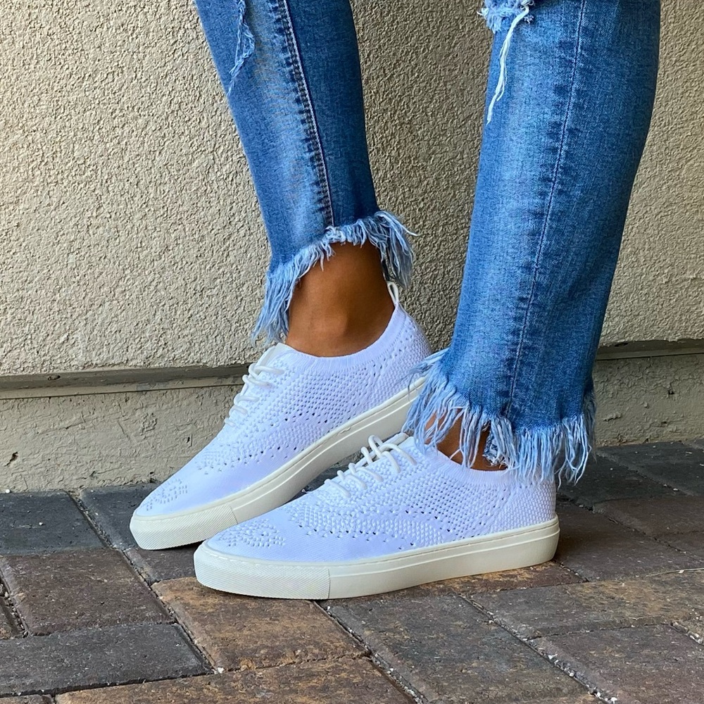 White Lace Up Brogue Fabric Knit Oxford Sneakers - Picture 8 of 16